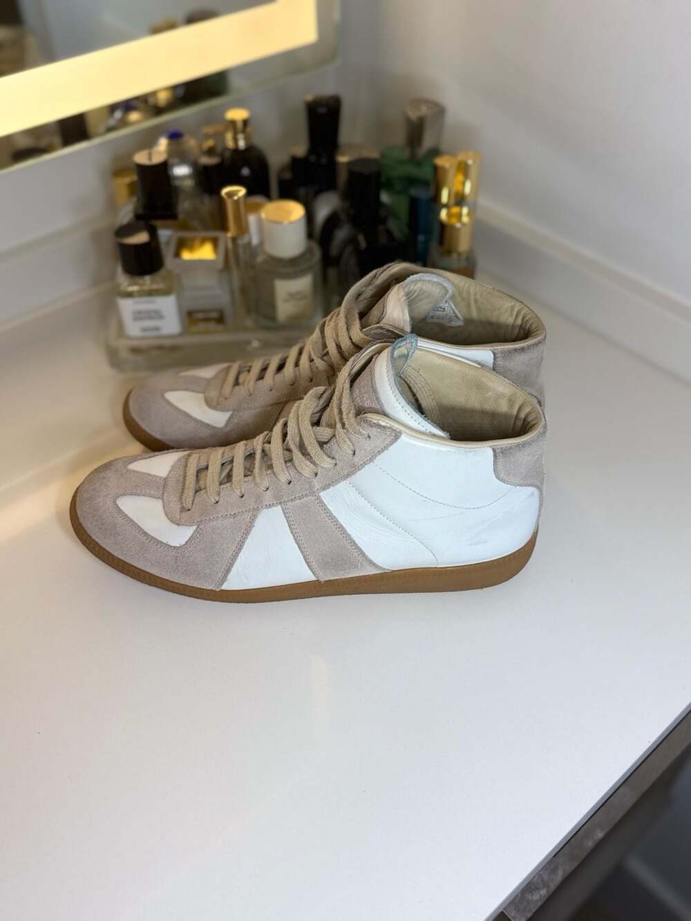 Maison Margiela Replica High Top GAT Sneakers White Grey Leather Suede